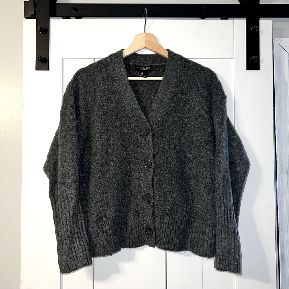 Rachel Zoe dark grey button front v-neck fitted cardigan